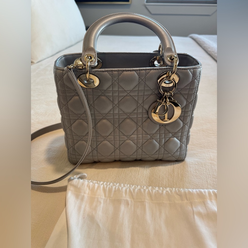 Dior LADY DIOR Medium Metallic Gray Quilted Bag - Authentic - Picture 4 of 14